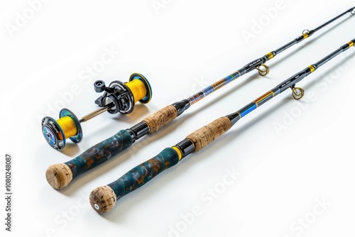 Two fishing rods lying together on a surface, ready for use photo