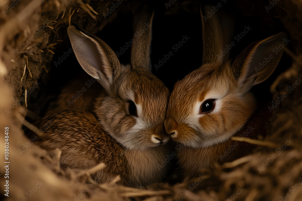 Obraz premium A family of rabbits cuddled together in a cozy burrow, illustrating warmth and companionship. Rabbits snuggling in their home.