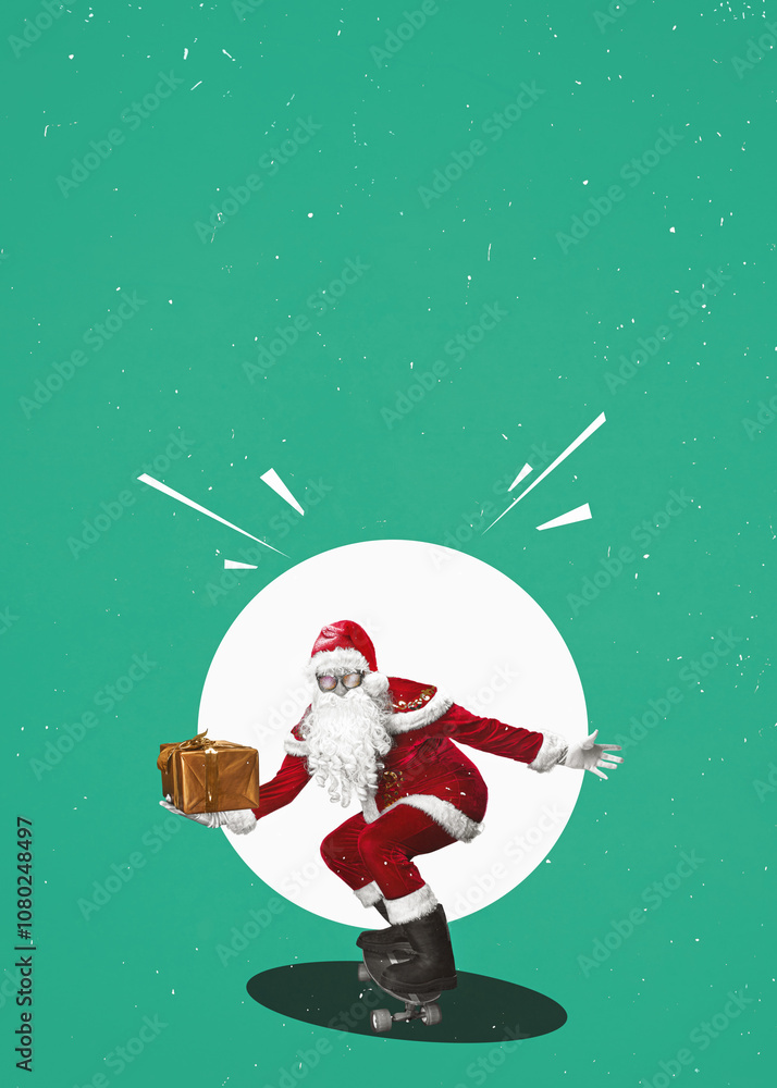 Naklejka premium Santa Claus drive on the skateboard delivering gifts. Flat art design poster with copy space.