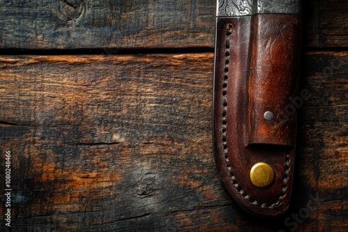 A knife with a leather sheath placed on a wooden surface, ideal for use in still life photography or as a prop in a scene photo