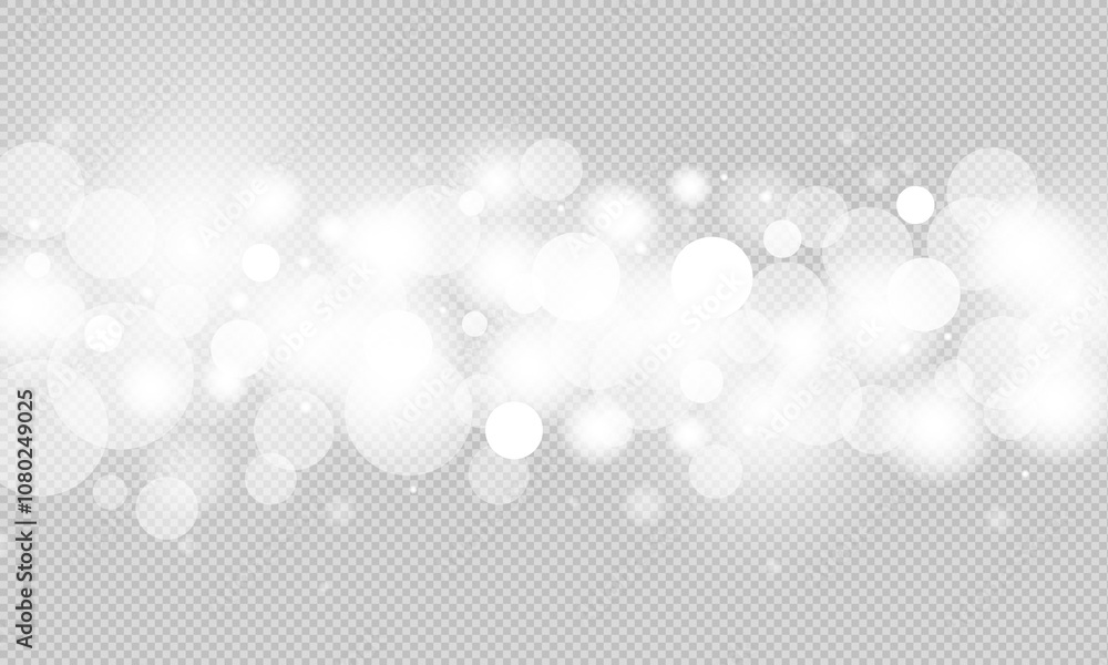 Abstract white glowing bokeh light effect, blur lens flare overlay texture, spot light sparkle or shiny christmas glittering beam on white transparent background. Seamless new year or xmas party bokeh