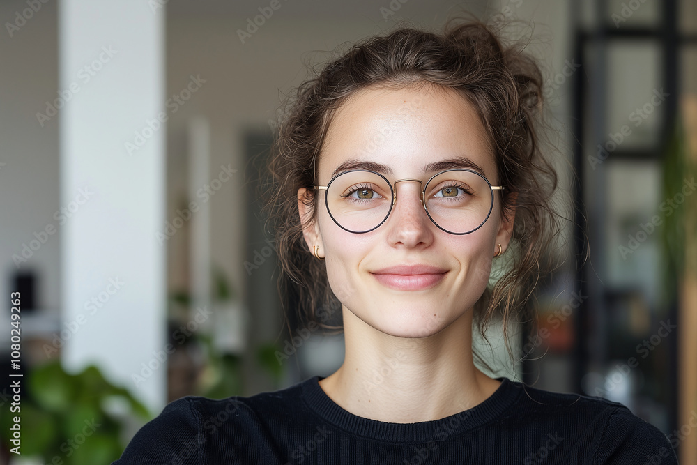 A warm, inviting portrait of professional woman with glasses, showcasing friendly smile and natural beauty in modern workspace. Her relaxed demeanor adds to welcoming atmosphere A warm, inviting portrait of professional woman with glasses, showcasing friendly smile and natural beauty in modern workspace. Her relaxed demeanor adds to welcoming atmosphere
