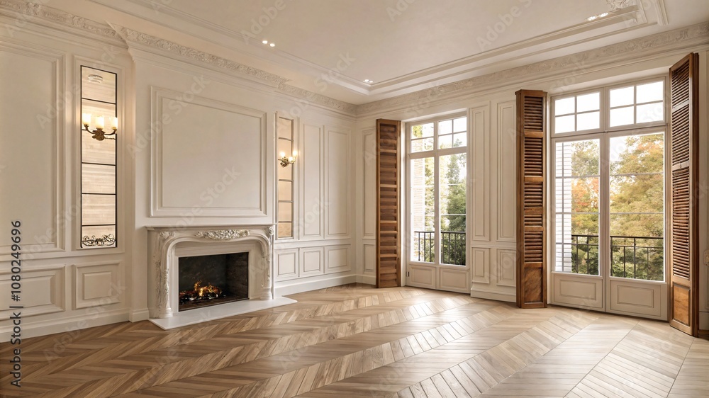 Obraz premium Luxurious Classic Interior, ornate details, marble Fireplace, Forest view, sunlight, ultra-detailed V3