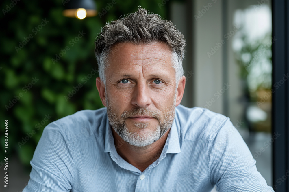 Fototapeta premium A warm, natural light portrait of professional man with beard, showcasing confidence and approachability in modern setting