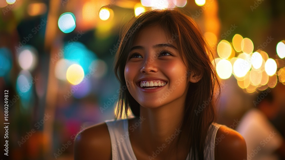 A woman smiles and looks up at the clear blue sky, possibly feeling optimistic or happy A woman smiles and looks up at the clear blue sky, possibly feeling optimistic or happy