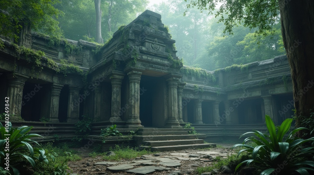 Ancient Temple in the Jungle with Futuristic Holographic Symbols Ancient Temple in the Jungle with Futuristic Holographic Symbols