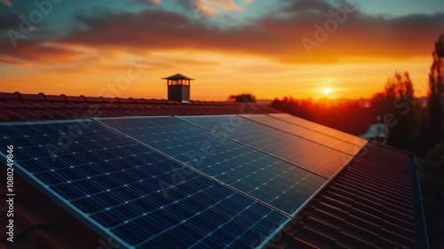 village house with a photovoltaic system on the roof. Modern eco friendly passive house with solar panels on the gable roof, with sunlight in the morning vibes