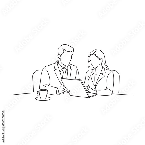  Businessman and businesswoman in an office, both focused on a tablet, discussing work-related matters continuous line art flat vector illustration