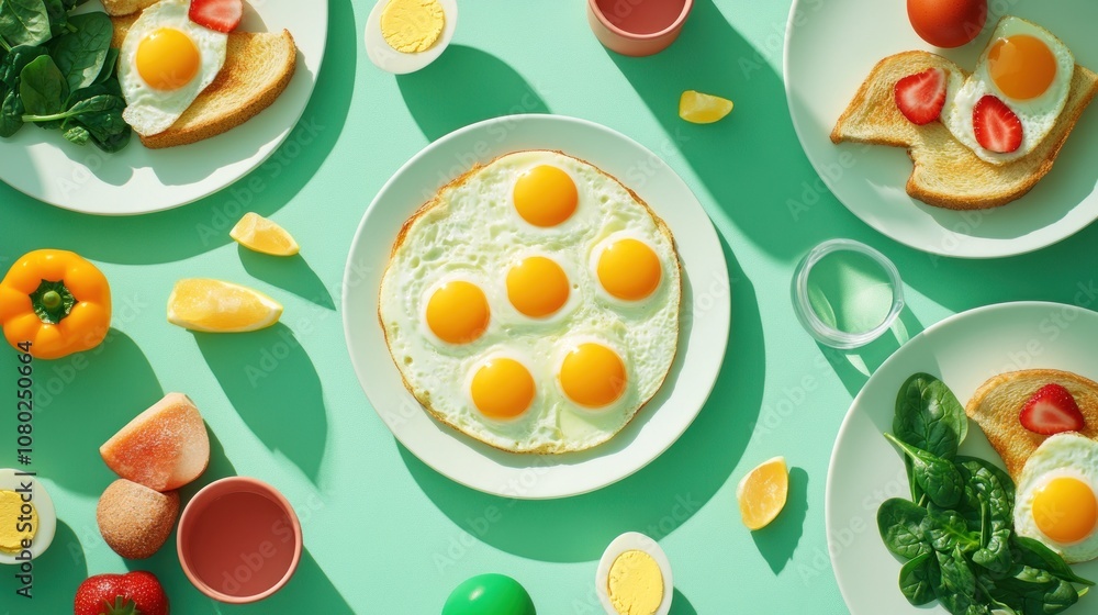 A vibrant breakfast spread featuring eggs, greens, and colorful fruits on a mint background. A vibrant breakfast spread featuring eggs, greens, and colorful fruits on a mint background.