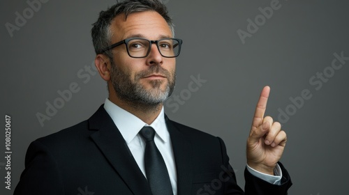 A man in a suit and tie gesturing towards something, great for illustrations about finance, business or presentation