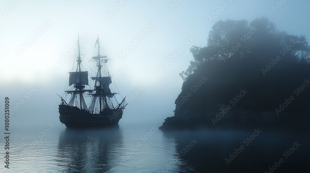 A mysterious island shrouded in mist, with a pirate ship anchored nearby A mysterious island shrouded in mist, with a pirate ship anchored nearby
