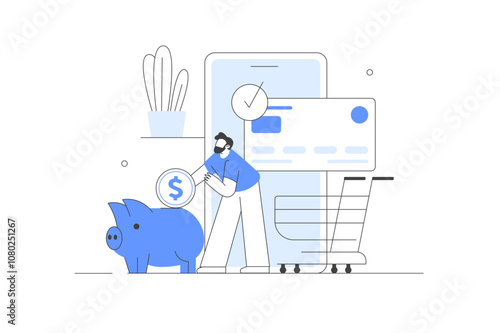 Character paying online and receiving bonus money or reward back on credit card. Cashback, financial savings and money refund concept. Flat Cartoon Vector Illustration, icon. Stylish, Minimalist 