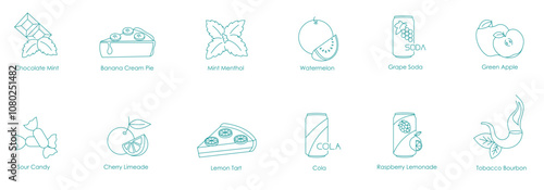 Chocolate Mint, Banana Cream Pie, Mint Menthol, Watermelon, Grape Soda, Green Apple, Sour Candy, Cherry Limeade, Lemon Tart, Cola, Raspberry Lemonade, Tobacco Bourbon Vape Icon Set Design 