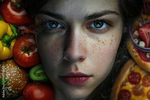 A person surrounded by plenty of food, great for depicting abundance or overindulgence