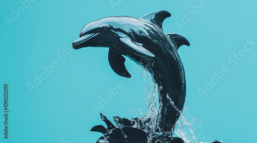 A playful dolphin statue leaping out of water, against a vibrant blue background photo