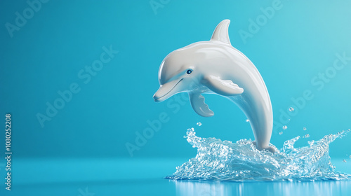 A playful dolphin statue leaping out of water, against a vibrant blue background photo