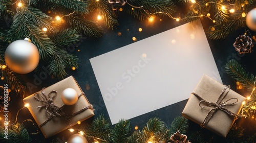 letter to santa. christmas and blank sheet of paper on the table. gifts, textured background. mockup, space for text.