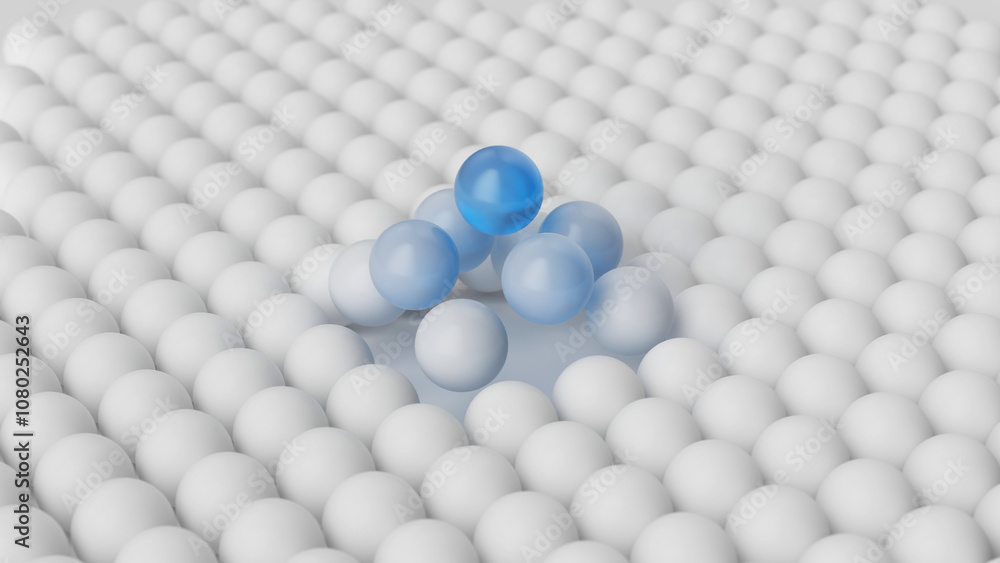 3d render, abstract background of white and blue balls. Close-up of microscopic spherical particles, atomic structure with anomaly. Visual metaphor of deviation and alteration 3d render, abstract background of white and blue balls. Close-up of microscopic spherical particles, atomic structure with anomaly. Visual metaphor of deviation and alteration