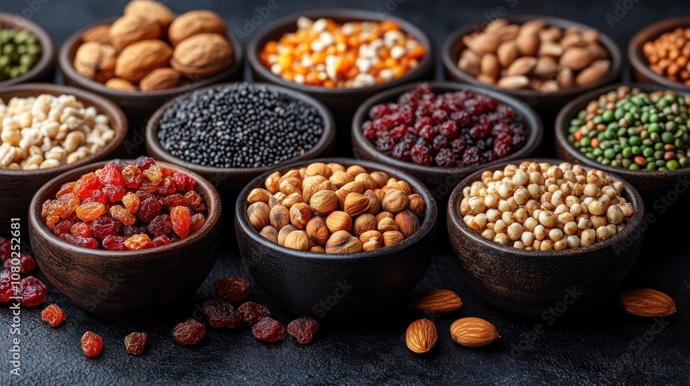 A variety of nuts and dried fruits arranged in bowls. A variety of nuts and dried fruits arranged in bowls.