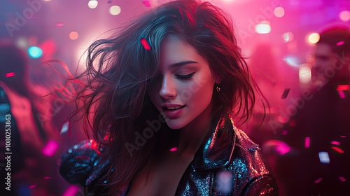 A young Hispanic woman dances joyfully in a vibrant, colorful atmosphere, illuminated by pink and purple lights.