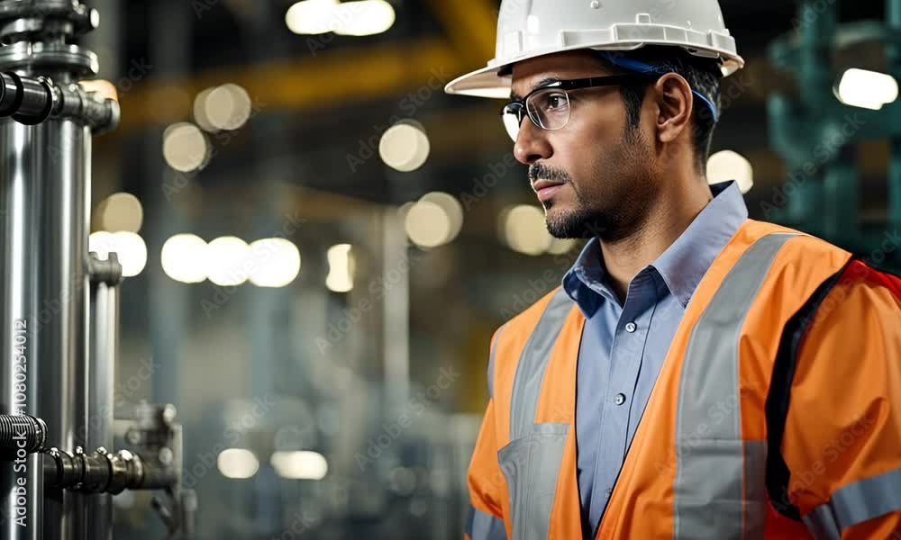Industrial worker wearing a safety vest and helmet, looking to the side in a factory. Industrial worker wearing a safety vest and helmet, looking to the side in a factory.