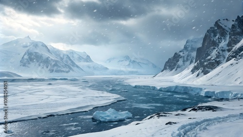 Arctic Winter Landscape with Glaciers and Blizzards, Frozen Sea and Snow-Covered Glaciers in the Arctic 