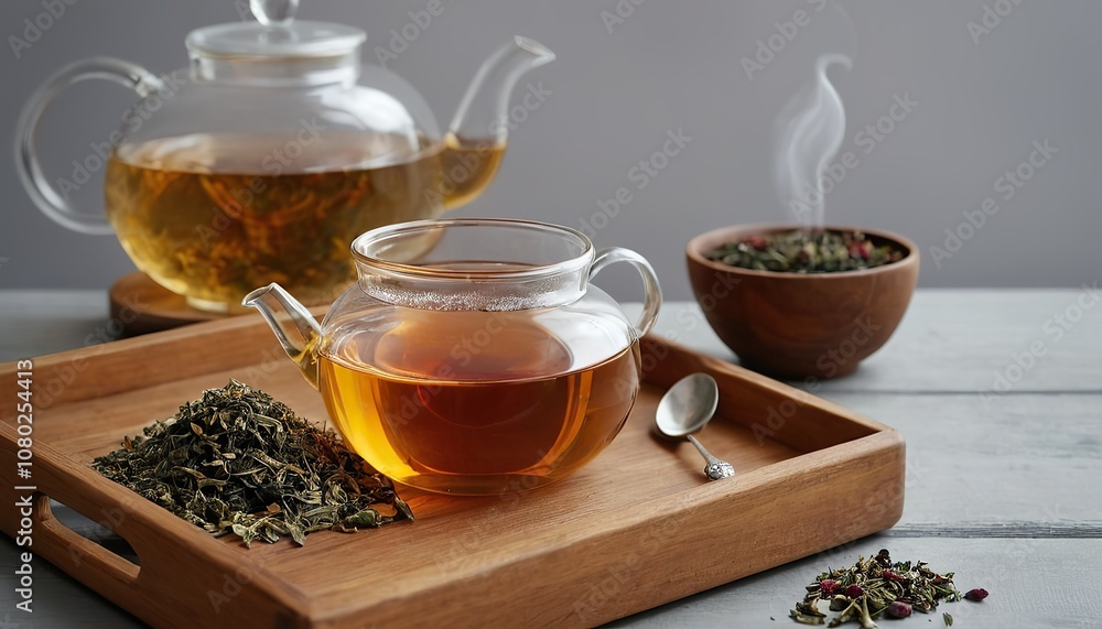 Fototapeta premium Glass teapot full of hot tea with dried pink coloured tea leaves 408
