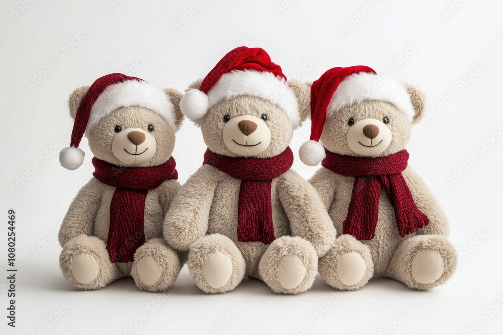 Three cuddly teddy bears wearing red Santa hats and scarves, seated in a row against a crisp white background Three cuddly teddy bears wearing red Santa hats and scarves, seated in a row against a crisp white background