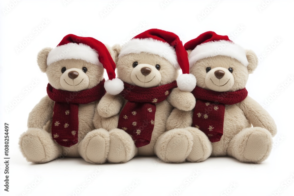 Three plush teddy bears wearing red Santa hats and matching scarves with golden snowflake details, seated against a clean white background. Three plush teddy bears wearing red Santa hats and matching scarves with golden snowflake details, seated against a clean white background.