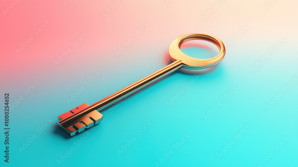 golden key with smooth curves, symbolizing success and access, set against vibrant gradient background golden key with smooth curves, symbolizing success and access, set against vibrant gradient background