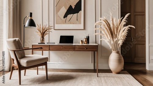 Elegant home office in Parisian style with marble fireplace, herringbone floors, and minimalist decor V7