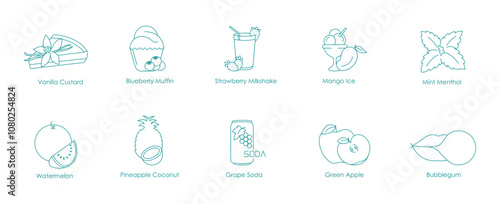 Vanilla Custard, Blueberry Muffin, Strawberry Milkshake, Mango Ice, Mint Menthol, Watermelon, Pineapple Coconut, Grape Soda, Green Apple, Bubble Gum Vape Icon Set Illustration 