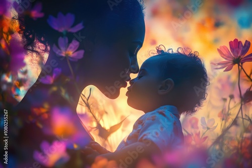 A mother's love shines bright in this heartwarming scene of a woman kissing her baby in a beautiful field of flowers