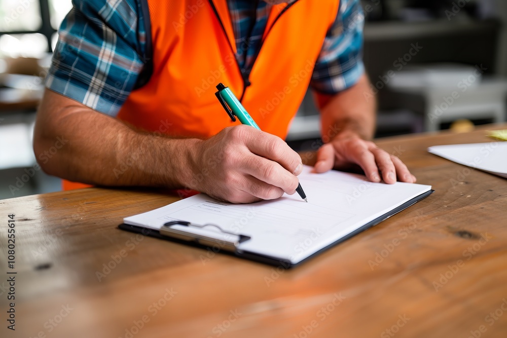 A man in an orange vest is writing on a clipboard A man in an orange vest is writing on a clipboard