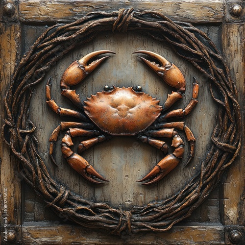 A realistic crab sculpture with intricate details on a rustic wooden background, surrounded by a woven branch frame. photo