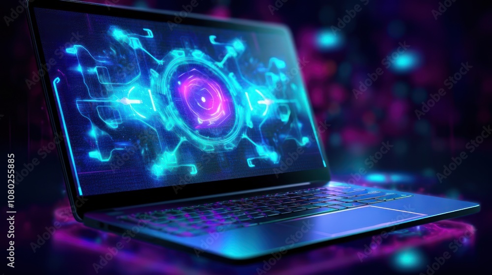 A modern laptop computer with a glowing blue and pink futuristic interface on the screen. A modern laptop computer with a glowing blue and pink futuristic interface on the screen.