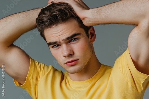 A person with a yellow shirt holds their hair back, likely due to sweating or styling