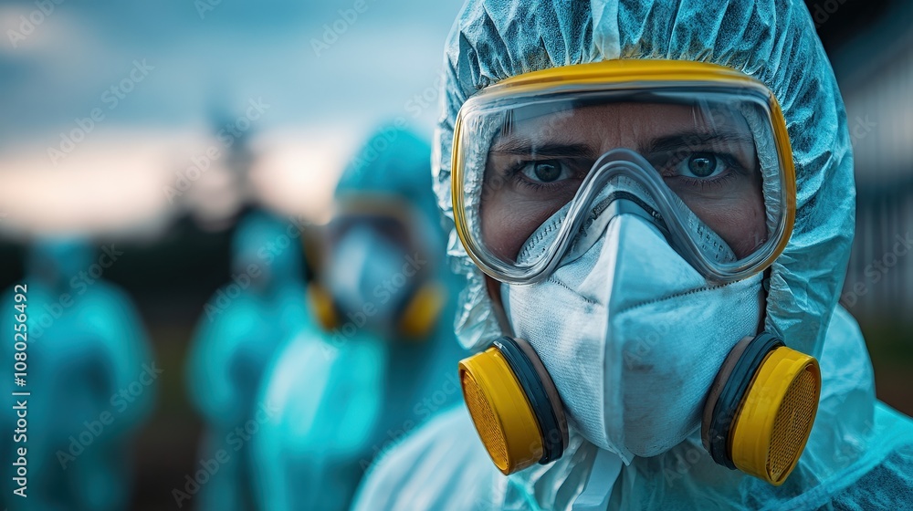 A close-up of a person in a hazmat suit and gas mask, with others similarly dressed in the background, depicting safety and protection measures in place. A close-up of a person in a hazmat suit and gas mask, with others similarly dressed in the background, depicting safety and protection measures in place.
