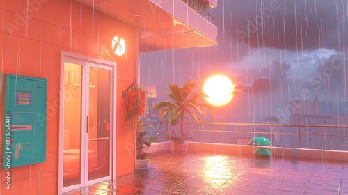 Tropical Sunset with Rain and Lightning Over Poolside View, 3D Animation Style photo