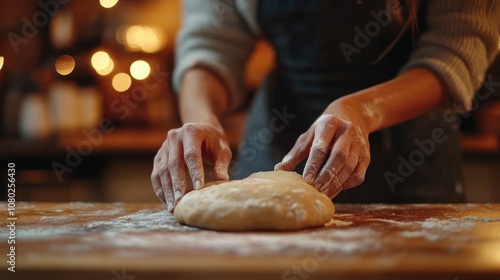 Woman Kneading Dough in a Kitchen