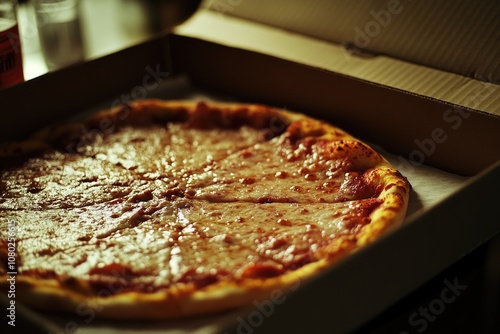 A pizza in a box with one slice taken out, ideal for illustrations or food-related themes photo