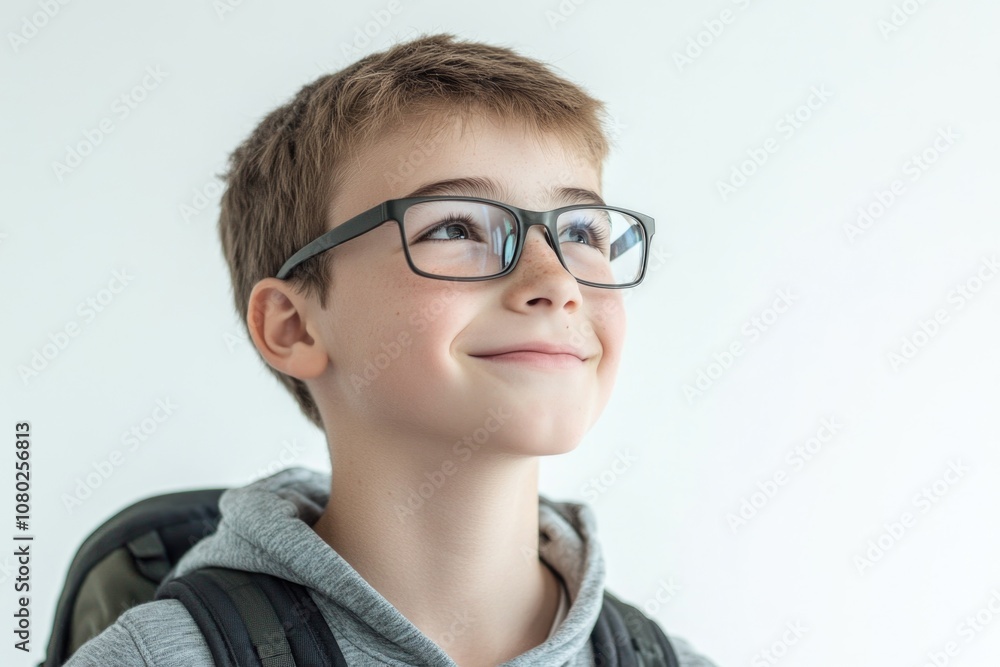 A young boy wearing glasses and a backpack, suitable for use in illustrations about education, childhood, or everyday life A young boy wearing glasses and a backpack, suitable for use in illustrations about education, childhood, or everyday life