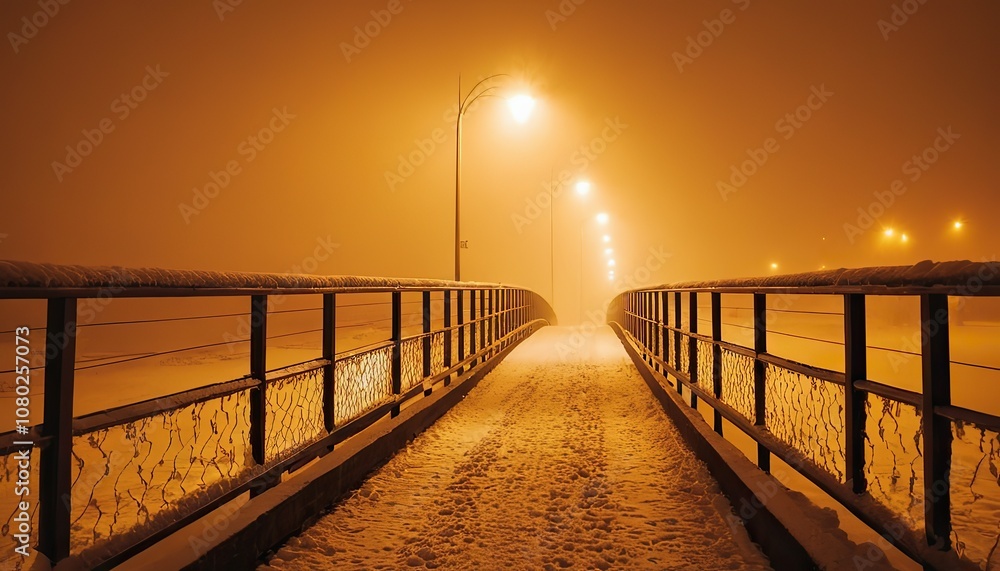 Fototapeta premium Lighting lanterns can be seen in the distance as a pedestrian crosses the street at night in the fog 3264
