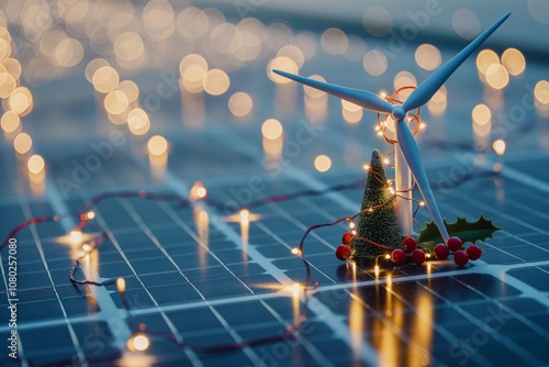 A wind turbine model stands next to a small Christmas tree and holly berries, all adorned with cozy lights on solar panels, Christmas and New Year greetings from the energy company. With copy space