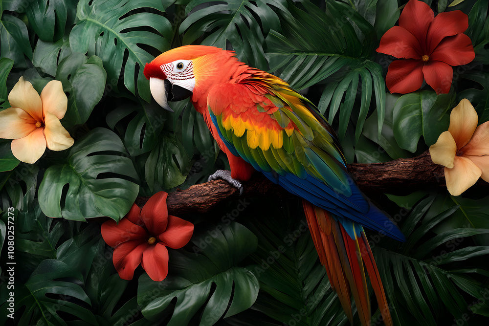 Obraz premium A colorful parrot perched on a tropical branch with bright flowers in the background, symbolizing exotic beauty. A parrot in a lush environment.
