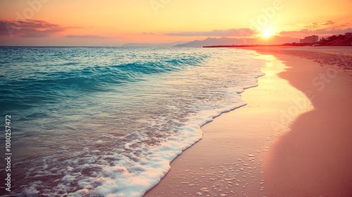 Fototapeta Naklejka Na Ścianę i Meble -  Gentle waves lapping on a quiet sandy beach with a pink and orange sunset reflecting on the water for a serene coastal scene with side empty space for text Stockphoto style