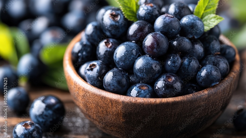 A rustic wooden bowl filled with fresh blueberries, decorated with green leaves, representing a wholesome and healthy choice in natural and organic foods. A rustic wooden bowl filled with fresh blueberries, decorated with green leaves, representing a wholesome and healthy choice in natural and organic foods.
