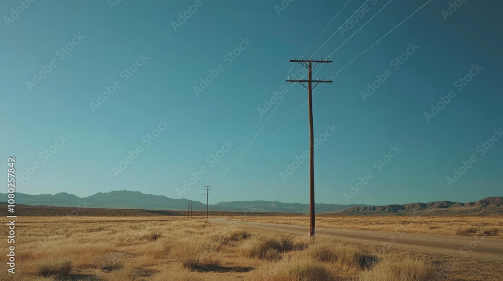Obraz premium A solitary telephone pole stands in the middle of a desert landscape, with nothing but sand and sky surrounding it