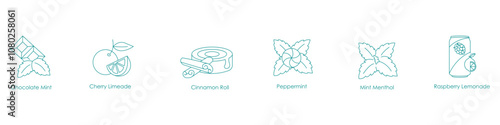 Chocolate Mint, Cherry Limeade, Cinnamon Roll, Peppermint, Mint Menthol, Raspberry Lemonade Vape Icon Set Design