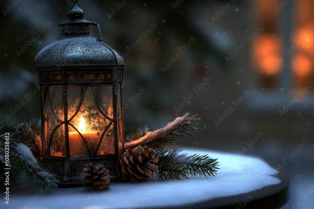 A single lit candle sits on top of a snow-covered table, perfect for winter decorations or a cozy atmosphere A single lit candle sits on top of a snow-covered table, perfect for winter decorations or a cozy atmosphere